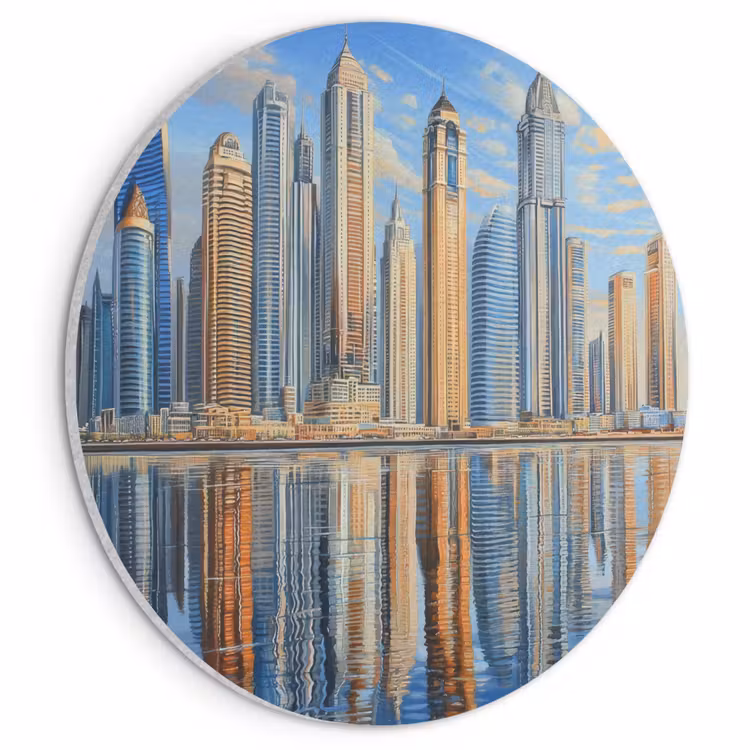 Akoestisch schilderij rond - Skyline - Wolkenkrabbers - Water - Blauw — 1
