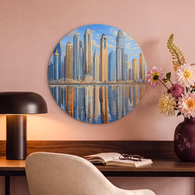 Akoestisch schilderij rond - Skyline - Wolkenkrabbers - Water - Blauw — 2