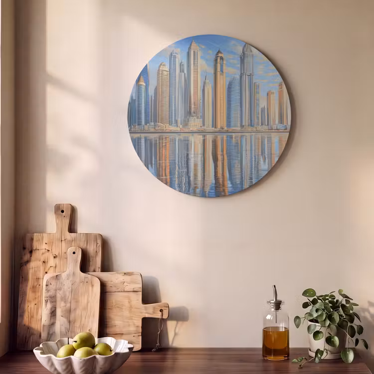 Akoestisch schilderij rond - Skyline - Wolkenkrabbers - Water - Blauw — 4
