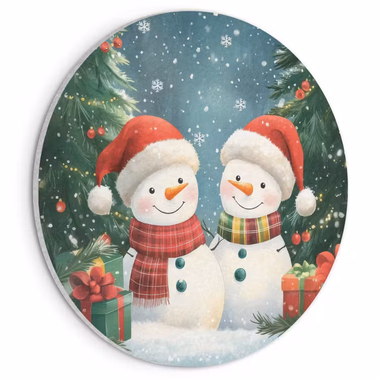 Akoestisch schilderij rond - Sneeuwpop - Kerstsneeuw - Groen - Rood — 1