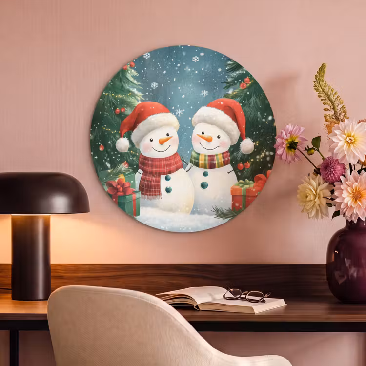 Akoestisch schilderij rond - Sneeuwpop - Kerstsneeuw - Groen - Rood — 2
