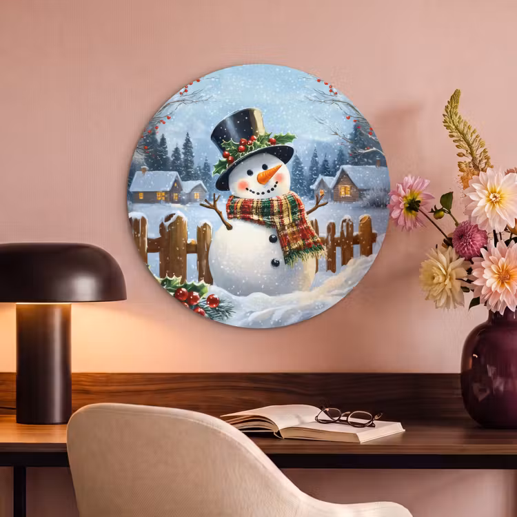 Akoestisch schilderij rond - Sneeuwpop - Winterdorp - Kleurrijk — 2