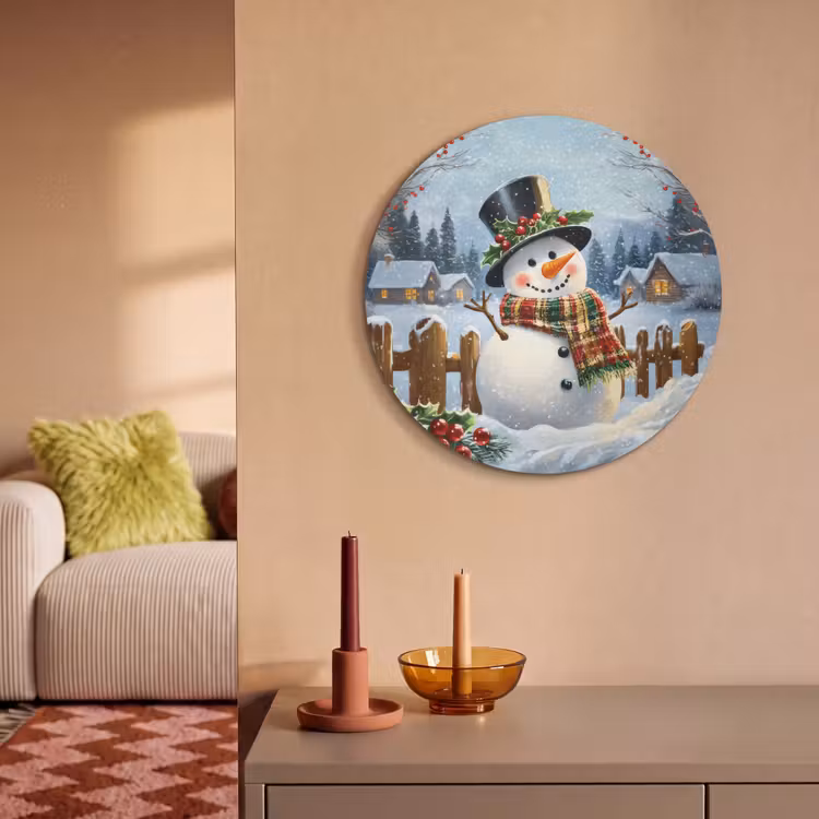 Akoestisch schilderij rond - Sneeuwpop - Winterdorp - Kleurrijk — 3