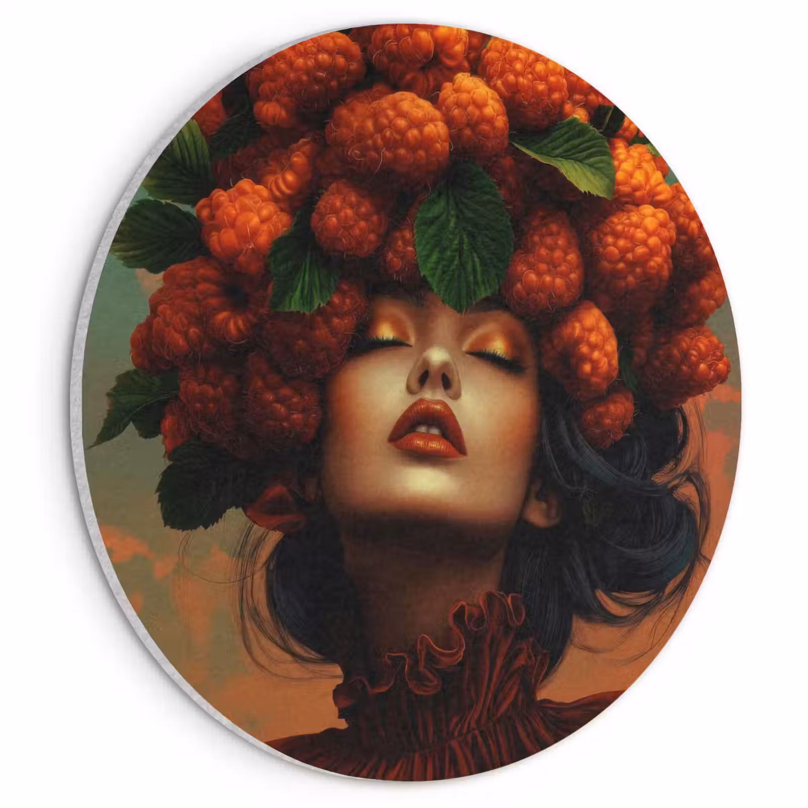 Akoestisch schilderij rond - Vrouw - Frambozen - Bladeren — 1