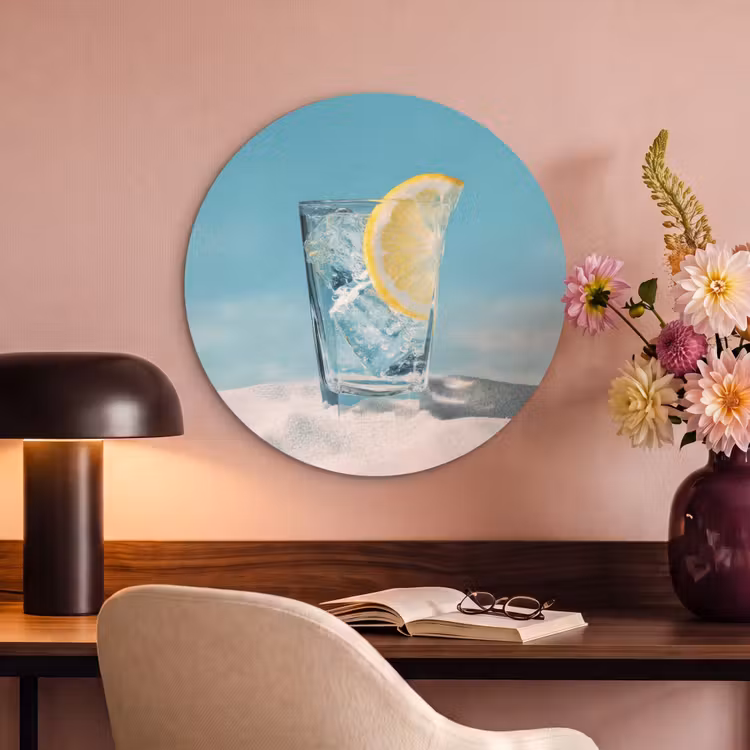 Akoestisch schilderij rond - Glas - ijsblokjes - Citroen — 2