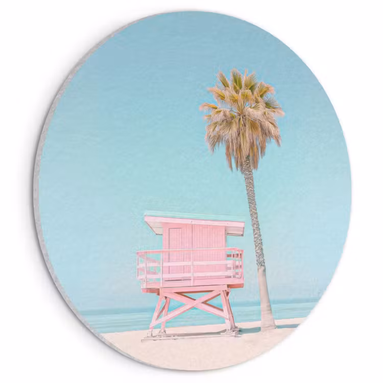 Akoestisch schilderij rond - Palmboom - Strandhuis - Roze — 1