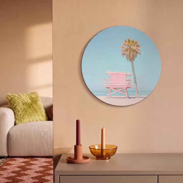 Akoestisch schilderij rond - Palmboom - Strandhuis - Roze — 3