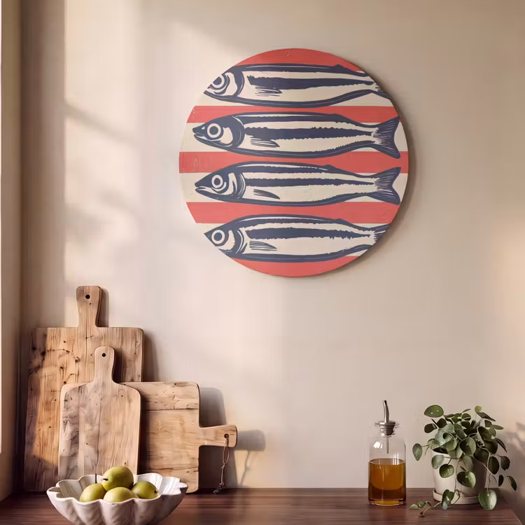 Akoestisch schilderij rond - Sardines - Rood en beige strepen — 4