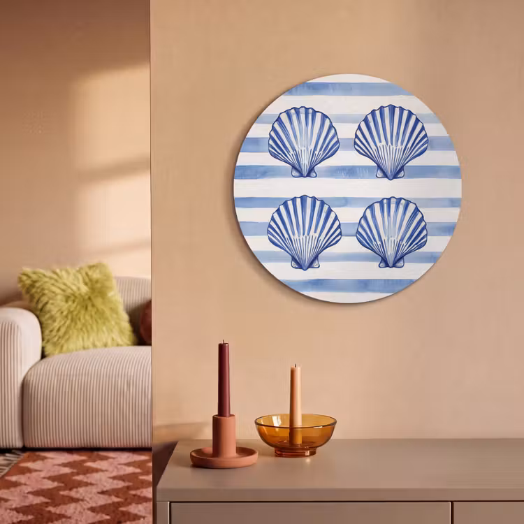 Akoestisch schilderij rond - Vier schelpen - Blauw - Wit - Strepen — 3
