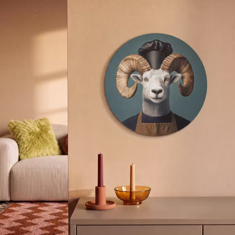 Akoestisch schilderij rond - Geit - Hoorns - Kokskleding — 3