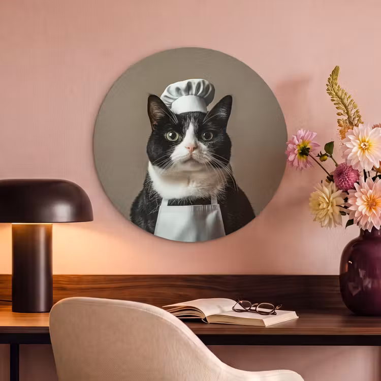 Akoestisch schilderij rond - Kat - Kokskleding - Zwart - Wit — 2