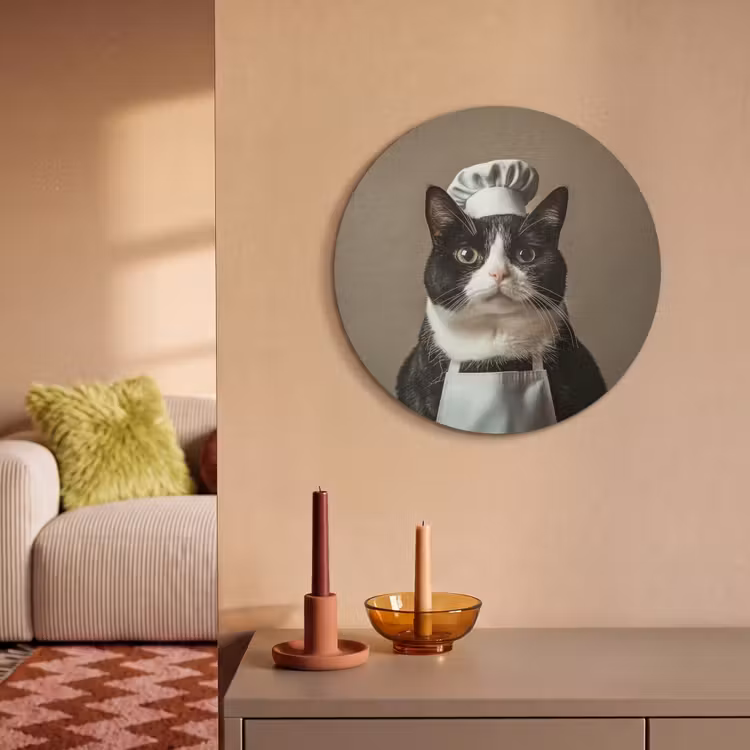 Akoestisch schilderij rond - Kat - Kokskleding - Zwart - Wit — 3