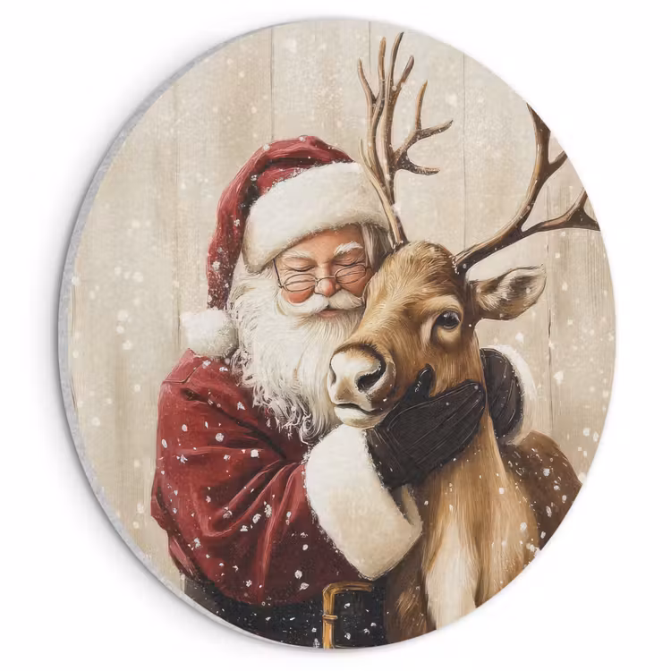 Akoestisch schilderij rond - Kerstman - Rendier - Sneeuw - Kleurrijk — 1