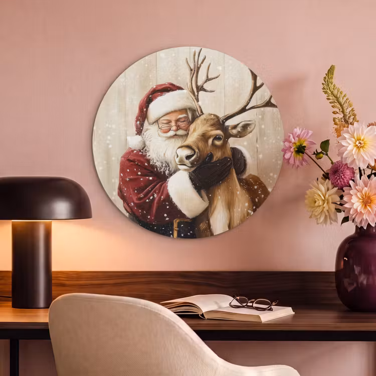 Akoestisch schilderij rond - Kerstman - Rendier - Sneeuw - Kleurrijk — 2