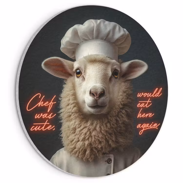 Akoestisch schilderij rond - Schaap - Kokskleding - Neon - Quote — 1
