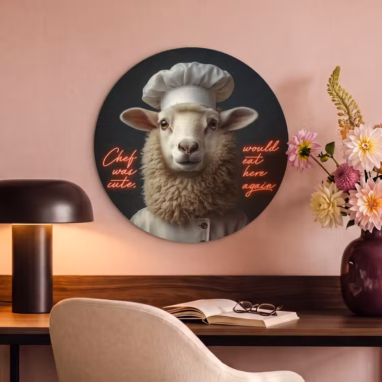 Akoestisch schilderij rond - Schaap - Kokskleding - Neon - Quote — 2