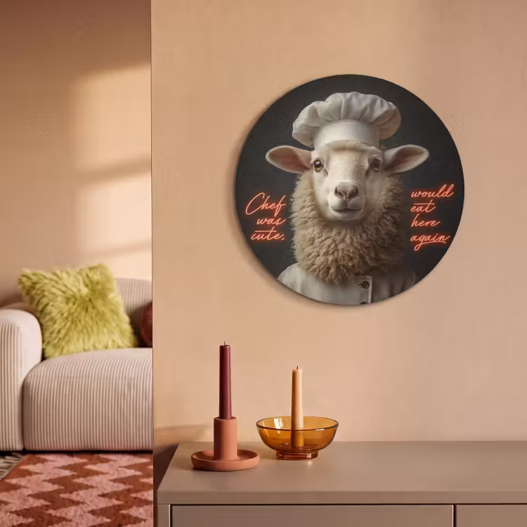 Akoestisch schilderij rond - Schaap - Kokskleding - Neon - Quote — 3
