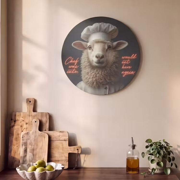 Akoestisch schilderij rond - Schaap - Kokskleding - Neon - Quote — 4