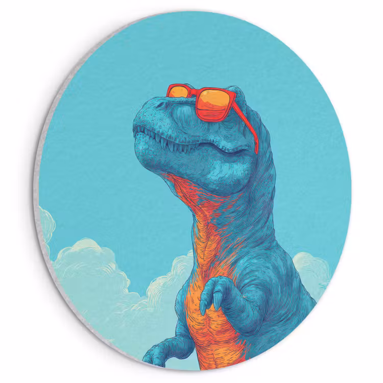 Akoestisch schilderij rond - T-Rex - Blauw - Wolken - Zonnebril — 1