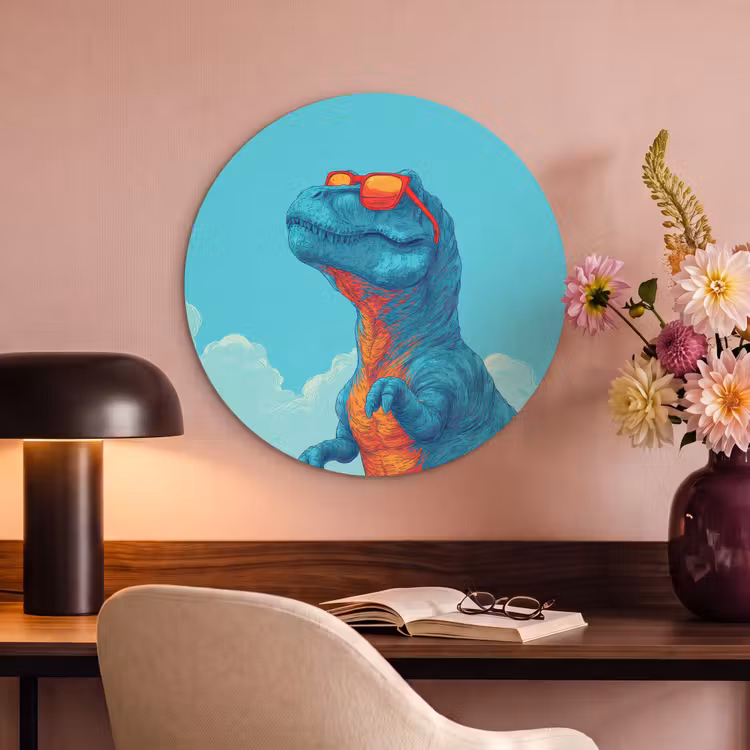 Akoestisch schilderij rond - T-Rex - Blauw - Wolken - Zonnebril — 2
