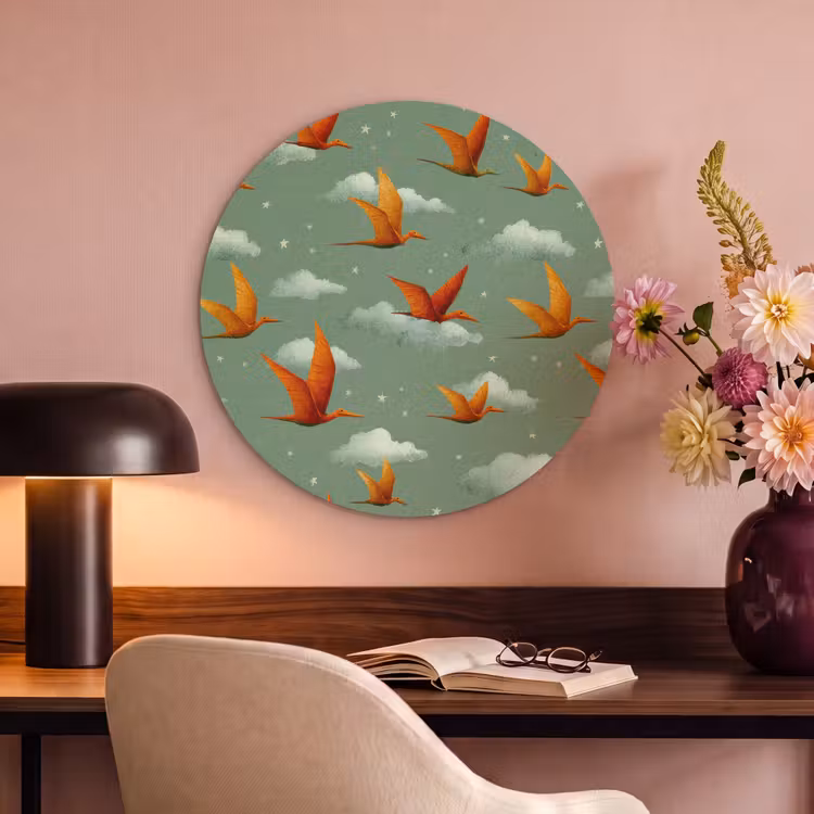 Akoestisch schilderij rond - Dinosaurussen - Wolken - Sterren - Oranje — 2