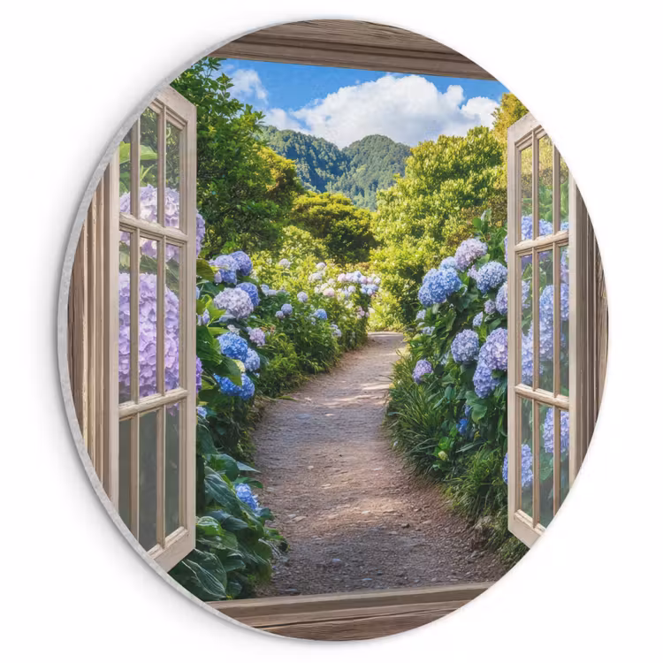 Akoestisch schilderij rond - Doorkijk - Hortensia - Pad - Natuur — 1