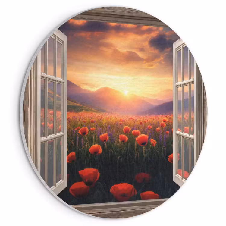 Akoestisch schilderij rond - Doorkijk - Klaprozen - Bloemen - Rood - Open raam — 1