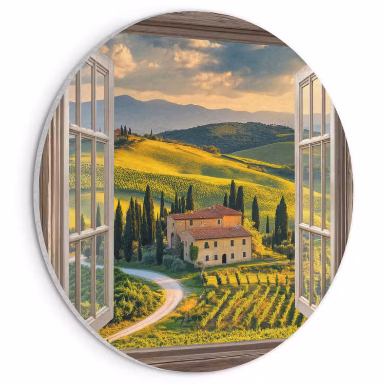 Akoestisch schilderij rond - Doorkijk - Toscane - Uitzicht - Landschap - Zomer — 1