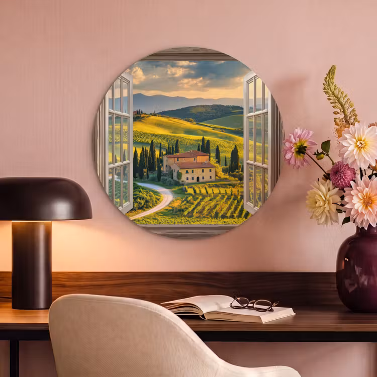 Akoestisch schilderij rond - Doorkijk - Toscane - Uitzicht - Landschap - Zomer — 2