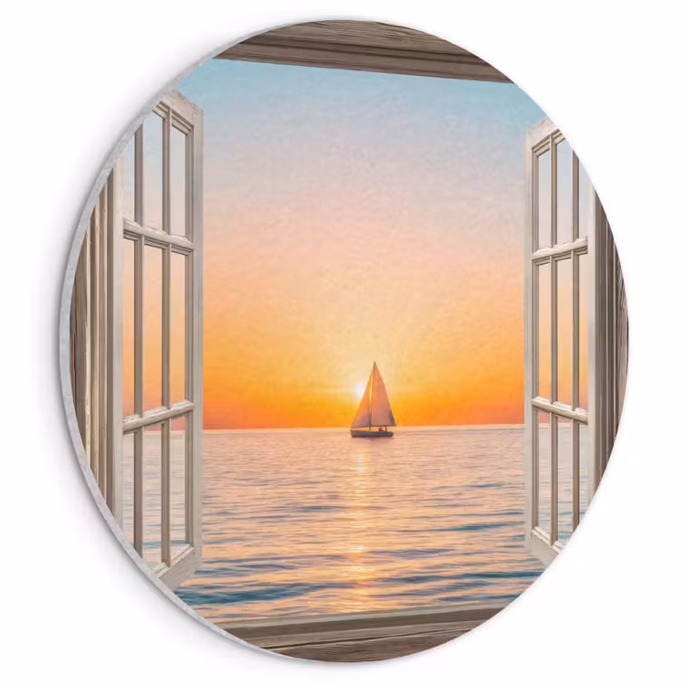 Akoestisch schilderij rond - Doorkijk - Zee - Boot - Zonsondergang — 1