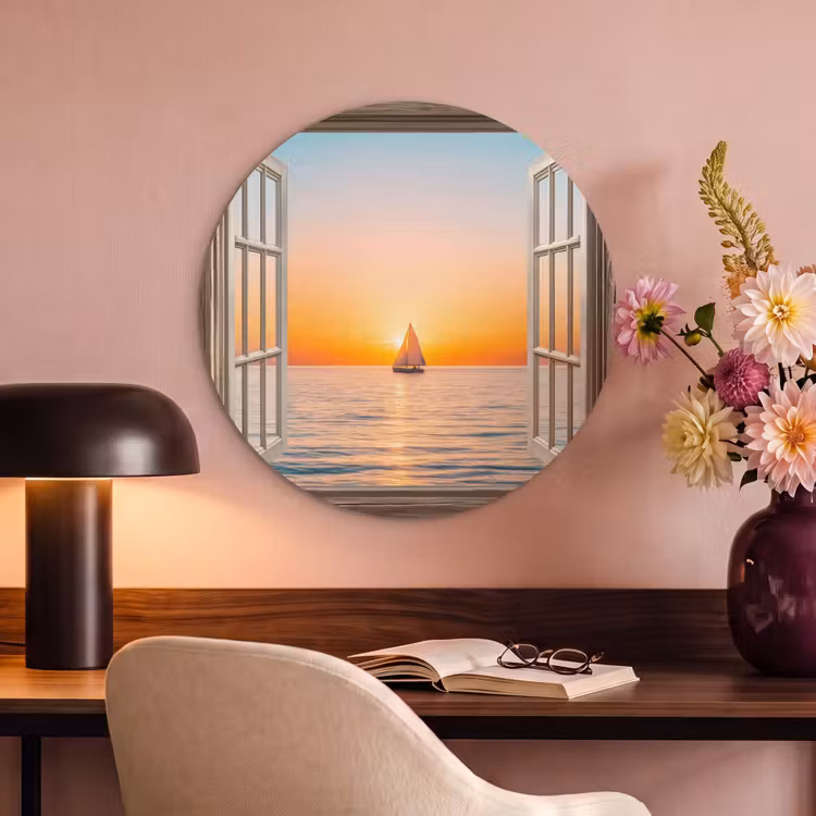 Akoestisch schilderij rond - Doorkijk - Zee - Boot - Zonsondergang — 2