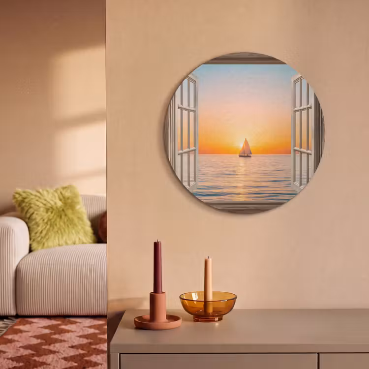Akoestisch schilderij rond - Doorkijk - Zee - Boot - Zonsondergang — 3