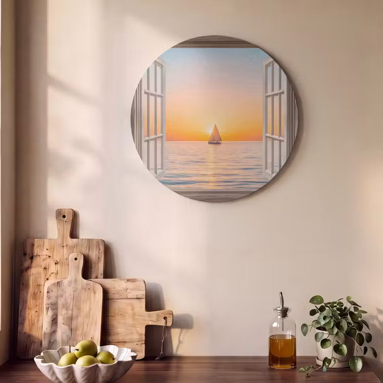Akoestisch schilderij rond - Doorkijk - Zee - Boot - Zonsondergang — 4
