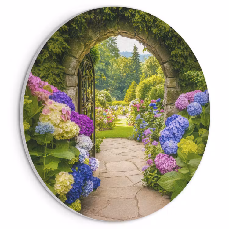 Akoestisch schilderij rond - Doorkijk - Poort - Hortensia - Bloementuin — 1