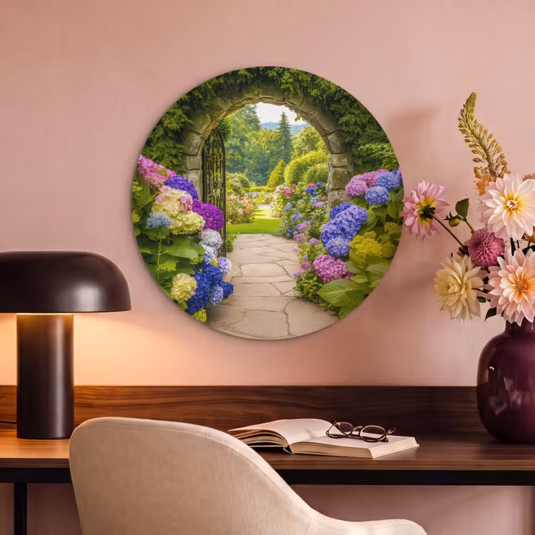 Akoestisch schilderij rond - Doorkijk - Poort - Hortensia - Bloementuin — 2