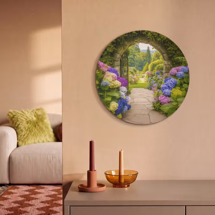 Akoestisch schilderij rond - Doorkijk - Poort - Hortensia - Bloementuin — 3