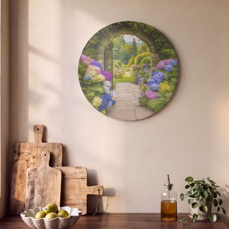 Akoestisch schilderij rond - Doorkijk - Poort - Hortensia - Bloementuin — 4