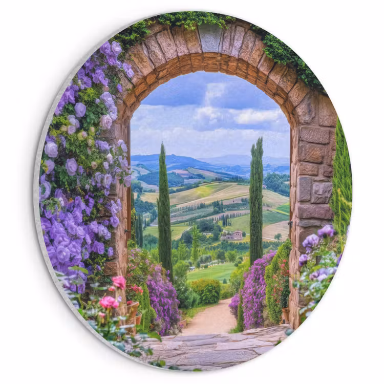 Akoestisch schilderij rond - Doorkijk - Toscane - Landschap - Poort — 1