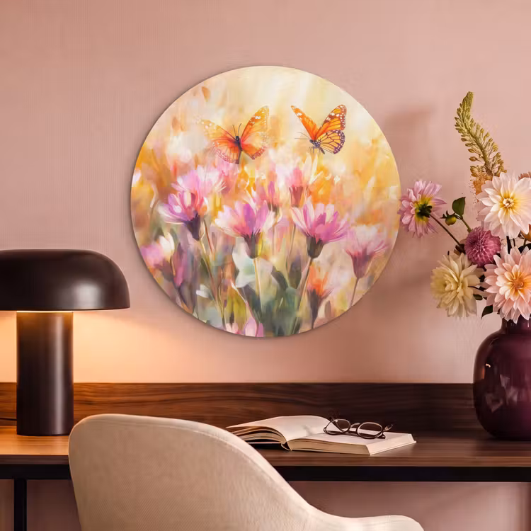 Akoestisch schilderij rond - Vlinders - Oranje - Bloemen — 2