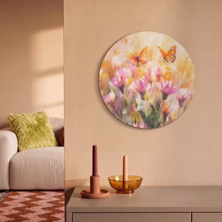 Akoestisch schilderij rond - Vlinders - Oranje - Bloemen — 3