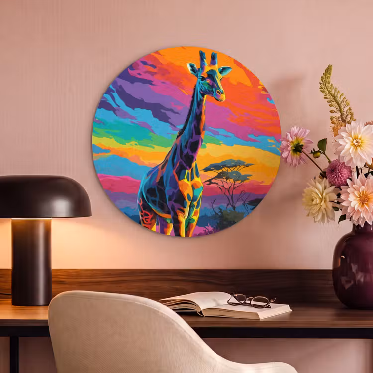 Akoestisch schilderij rond - Giraffe - Savanna - Lucht - Gekleurd — 2