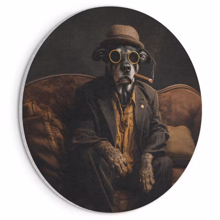 Akoestisch schilderij rond - Hond - Sigaar - Hoed - Pak — 1