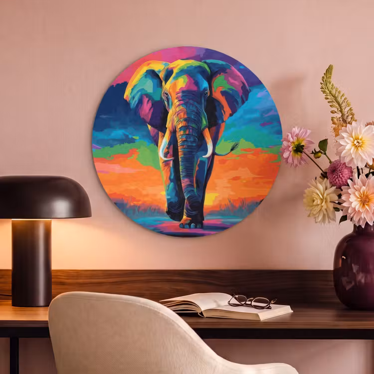 Akoestisch schilderij rond - Olifant - Kleurrijk - Lucht - Abstract — 2