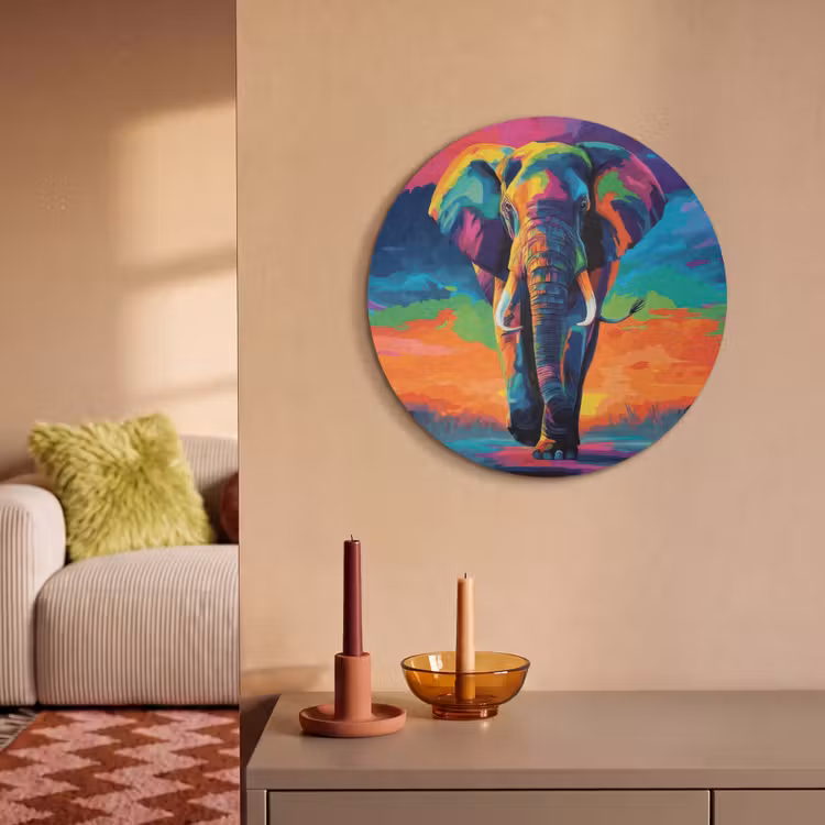 Akoestisch schilderij rond - Olifant - Kleurrijk - Lucht - Abstract — 3