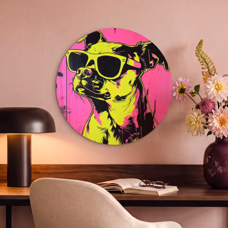 Akoestisch schilderij rond - Hond - Zonnebril - Roze - Art — 2