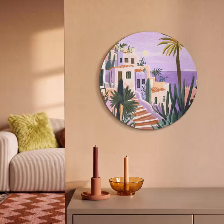 Akoestisch schilderij rond - Huizen - Minimalistisch - Palmbomen - Kust — 3