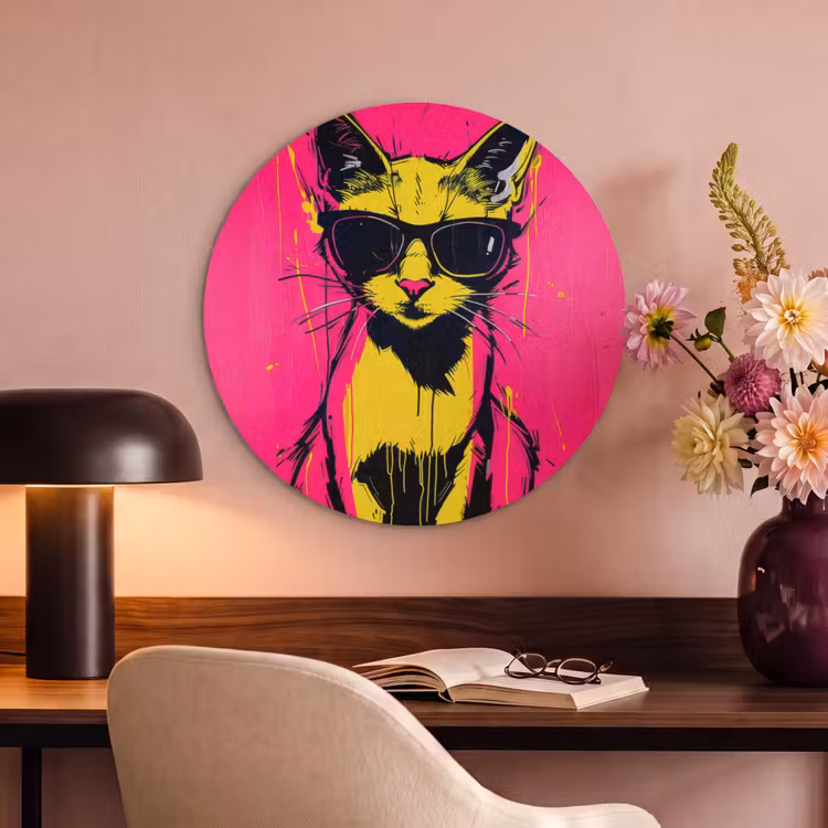 Akoestisch schilderij rond - Kat - Art - Zonnebril - Roze — 2