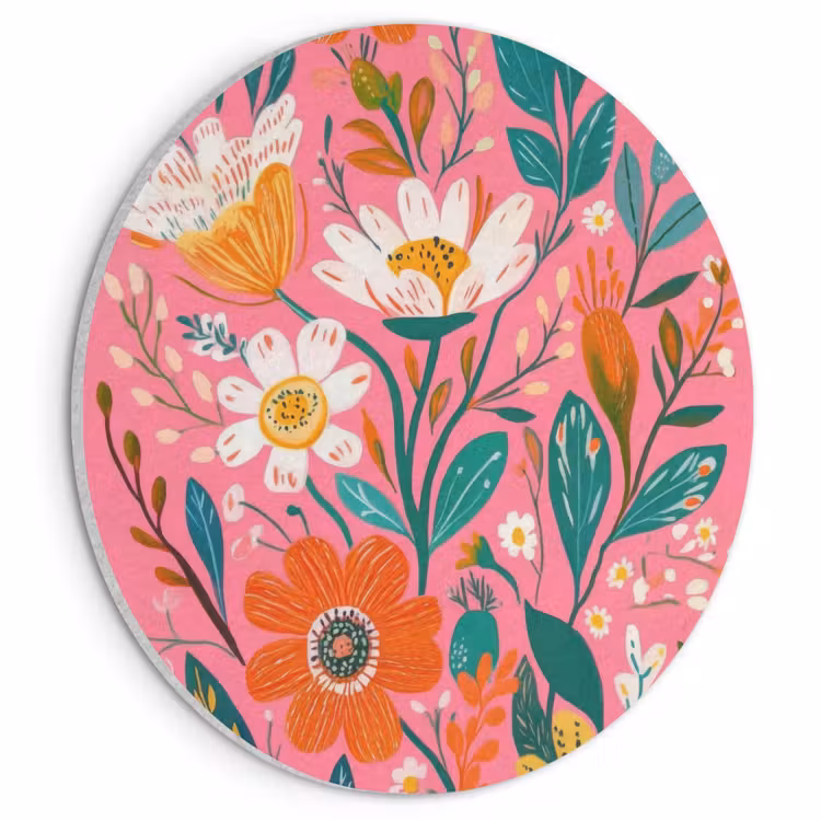 Akoestisch schilderij rond - Roze - Bloemen - Wit - Oranje — 1