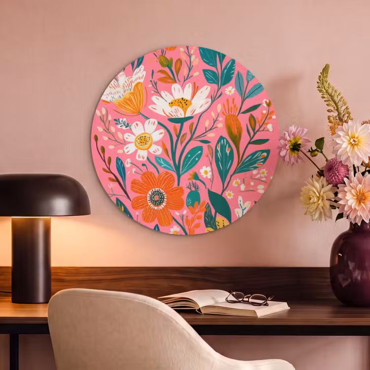 Akoestisch schilderij rond - Roze - Bloemen - Wit - Oranje — 2