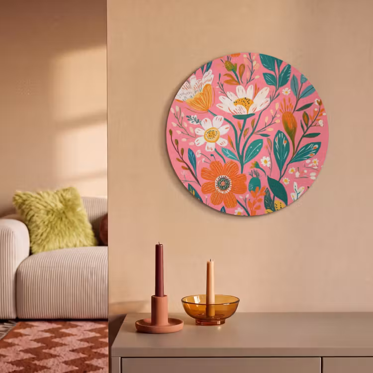 Akoestisch schilderij rond - Roze - Bloemen - Wit - Oranje — 3